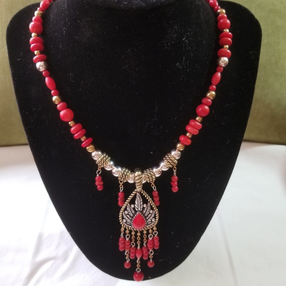 Southwest Coral, Sterling and Brass Neclace